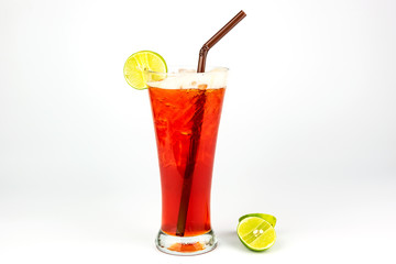 Glass of cold drink lemon tea ready to drink on white background