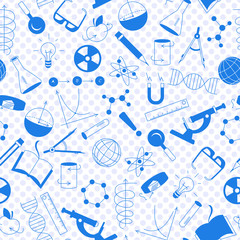 Seamless pattern on the theme of science and inventions, diagrams, charts, and equipment, a blue silhouettes of icons on the background of polka dots