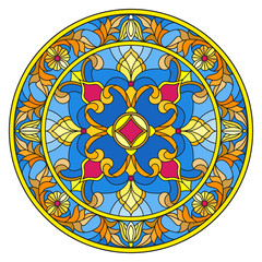 Illustration in stained glass style, round mirror image with floral ornaments and swirls