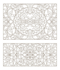 Set contour illustrations of stained glass with abstract swirls and flowers , horizontal orientation