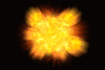 Extremely massive fire explosion, orange color with sparks isolated on black background - obrazy, fototapety, plakaty