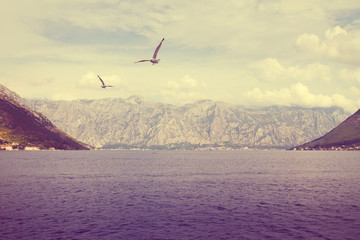 Naklejka premium Spectacular view of sea and mountain scenery. Sea landscape. Lightly toned