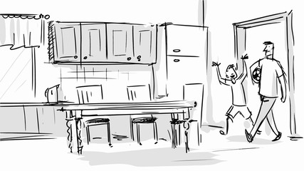 Happy kid in the kitchen with his dad Vector storyboards sketch - 174451928