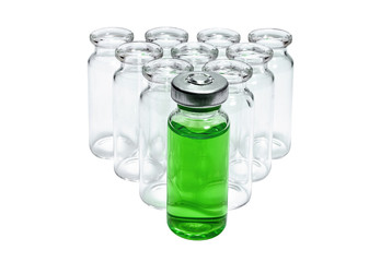 Medical vials with blue liquid stacked in a pyramid