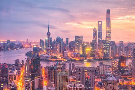 View of downtown Shanghai skyline at twilight