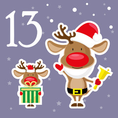 Obraz na płótnie Canvas Christmas advent holiday calendar banner. Cute reindeer in santa claus hat with gift box and bell. Cartoon style. Vector illustration