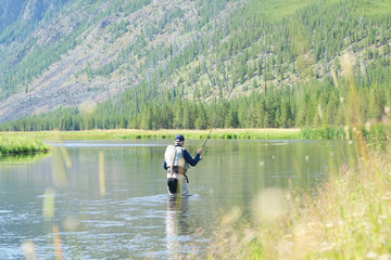 Fototapeta na wymiar Fly-fisherman fishing in Madison river, Yellowstone Park