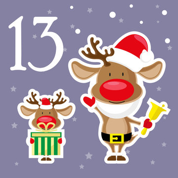 Christmas advent holiday calendar banner. Cute reindeer in santa claus hat with gift box and bell. Cartoon style. Vector illustration