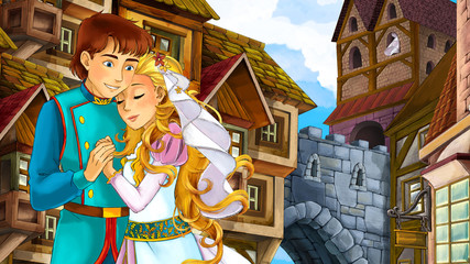 Obraz na płótnie Canvas Cartoon scene of beautiful prince and princess in the old town - castle in the background - illustration for children