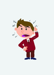 White businessman. Vector illustration isolated in a funny cartoon style. The character is angry while raising the finger, menacing.
