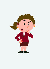 White businesswoman. Vector illustration isolated in a funny cartoon style. The character is doubting.