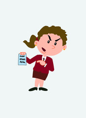White businesswoman. Vector illustration isolated in a funny cartoon style. The character is angry, showing a document.