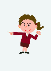 White businesswoman. Vector illustration isolated in a funny cartoon style. The character makes the OK gesture while pointing, smiling, at his side.