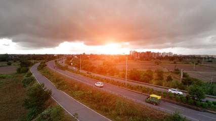 Highway elevated view in rural area the shot is taken using drone camera.