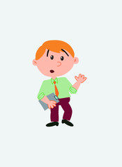 White businessman. Vector illustration isolated in a funny cartoon style. The character is surprised by something at his side; Has a document in his hand.