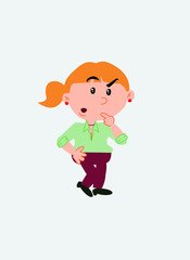 White businesswoman. Vector illustration isolated in a funny cartoon style. The character is doubting.