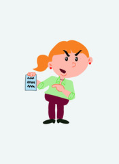 White businesswoman. Vector illustration isolated in a funny cartoon style. The character is angry, showing a document.