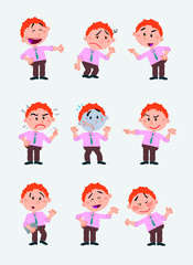 Businessman character. Set with 9 variations for design work and animation. The character is angry, sad, happy, doubting, etc.  Vector illustration to isolated and funny cartoons characters.