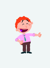 White businessman. Vector illustration isolated in a funny cartoon style. The character is happy, showing something to his side.