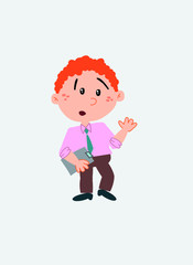 White businessman. Vector illustration isolated in a funny cartoon style. The character is surprised by something at his side; Has a document in his hand.