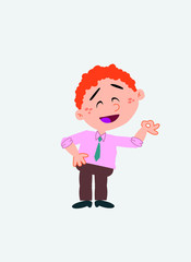 White businessman. Vector illustration isolated in a funny cartoon style. The character makes the OK gesture while smiling, happy, at his side.