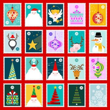 Christmas postage stamps vector set