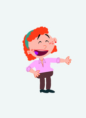 White businesswoman. Vector illustration isolated in a funny cartoon style. The character is happy, showing something to his side.
