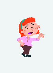 White businesswoman. Vector illustration isolated in a funny cartoon style. The character makes the OK gesture while smiling, happy, at his side.