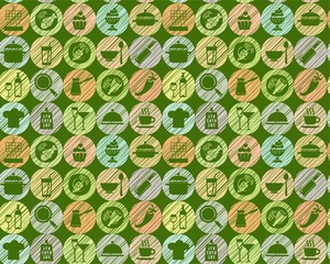 Kitchen, cooking, green background, seamless, vector. Circular icons with food, drinks and utensils the painted strokes on a green background. Shading with colored pencils, simulation. 