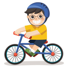 Naklejka premium A Cute Boy with glasses. He riding a bicycle on a white background.