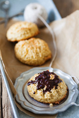 coconut cookies placed on a silver tray and tray. homemade. rustic - paper, metal, wood