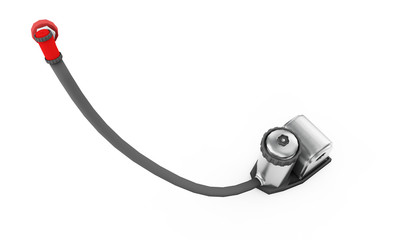 Metallic pipe with red water valve on white background. 3d render illustration