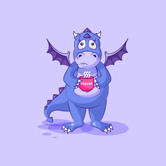 Vector Emoji character cartoon dragon dinosaur nervous with cup of coffee sticker emoticon