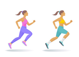 Fototapeta na wymiar The running woman set. Side view of active sporty running young women in a sportswear. Sport, jogging, fitness, workout, active people, concept. Flat vector illustration isolated on white background.