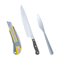 The cutlery set: cooking knife, table knife and construction knife. Flat illustration of various types of steel cutting hand tools. Vector elements isolated on white background.