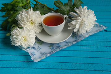 businessman's breakfast on a blue table