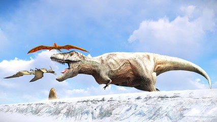 Velociraptor and pterodactyl 3d rendering © satori