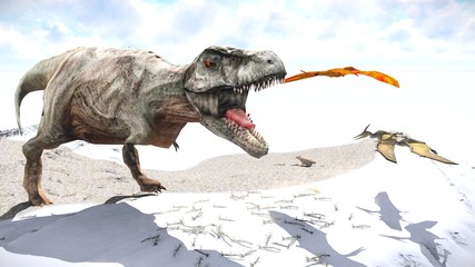 Velociraptor and pterodactyl 3d rendering © satori