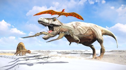 Velociraptor and pterodactyl 3d rendering © satori