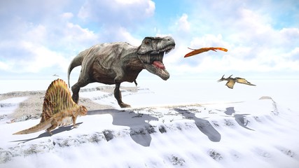Velociraptor and pterodactyl 3d rendering © satori