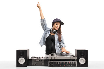 Female DJ playing music on a turntable