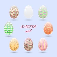 Set of painted Easter eggs. Delicate pink and green colors.