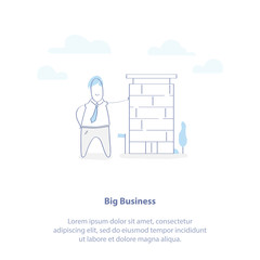Fototapeta premium Big Business, Sale of Real Estate, Architecture of the House. Cute businessman is standing near big house, he owns a large business. Isolated vector illustration.