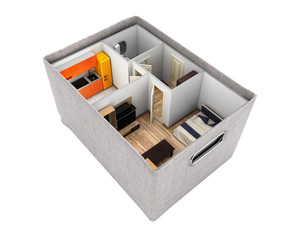 interior apartment roofless apartment layout inside the box concept of buying a home or moving 3d render without shadow