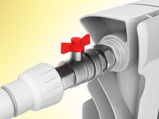 illustration of a radiator with a ball valve close-up on warm gradient background 3d