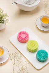 Traditional Chinese mid autumn festival food. Snowy skin mooncakes.