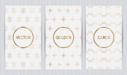 Set of cards in golden color on light grey background. Vector business templates for restaurant menu, flyer, brochure,cover, booklet, banner, etc.