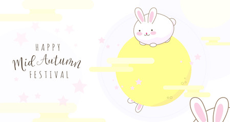 Vector illustration of Mid autumn festival design card with full moon, fun bunny