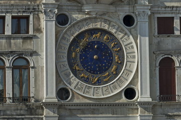Closeup on Astronomical or Zodiac clock, located the north side of Piazza San Marco, Venezia, Venice, Italy, Europe  