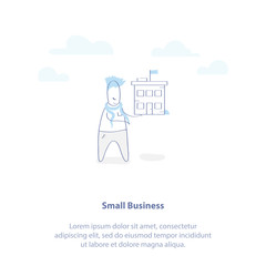 Small Business, Sale of Real Estate, Architecture of the House concept. Cute cartoon man holds a small house model in his hands, he starts his own business. Isolated vector illustration.